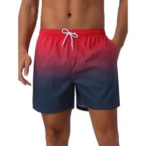 Contrast Color Gradient Elastic Waist Summer Drawstring Beach Shorts Red Black
